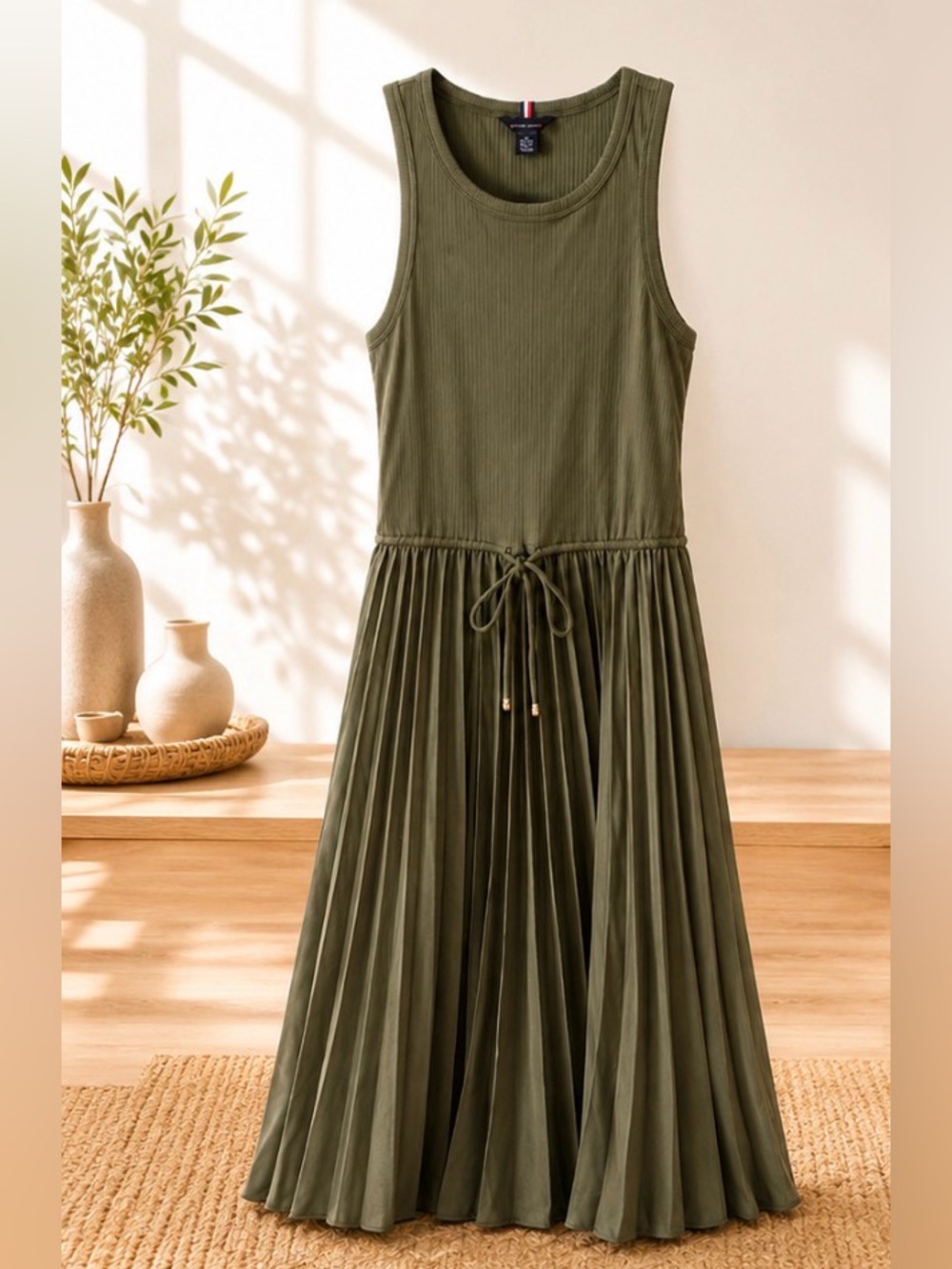 Tommy Hilfiger Olive Green Sleeveless Pleated Midi Dress XS